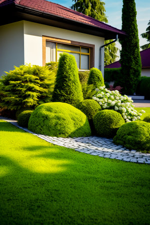 Front yard, landscape design with multicolored shrubs intersecting with bright green laws behind the house is a modern, garden care service, green grass with a beautiful yard for the background.の素材
