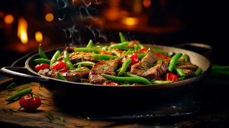 Fried beef tongue with green beans and tomatoes in a pan. Serving food in a restaurant.の素材