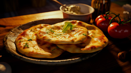 Fried pita bread with cheese and tomatoes.の素材