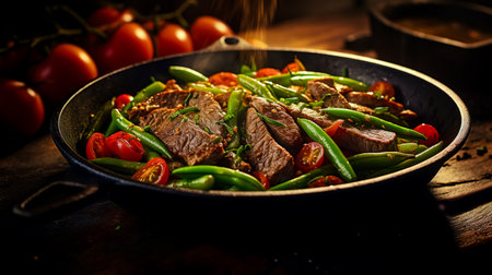 Fried beef tongue with green beans and tomatoes in a pan. Serving food in a restaurant.の素材