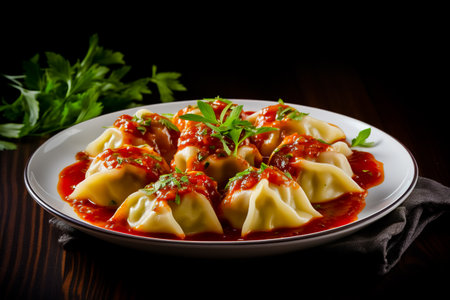 Georgian dumplings Khinkali with meat, greens and tomato spicy sauce Satsebeli on white plate.の素材