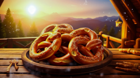 German pretzels on wooden table. Crisp bread from wheat.の素材