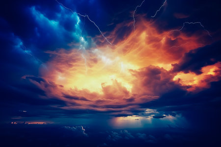 Gloomy dramatic clouds at sunset. Beautiful ultramarine clouds at sunset.の素材