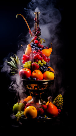 Fruit aroma Hookah isolated on black background against a dark background with smoke.の素材