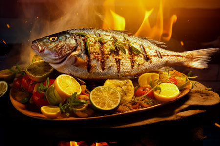 Grilled Dorado fish, sea breath with the addition of spices, herbs and lemon on the grill plate. Fried fish with vegetables.の素材