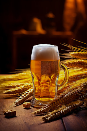 Glass of beer sitting on top of table next to some ears of wheat.の素材