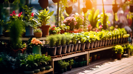 Garden shop under open air. Close up of a row of plants for landscape design are offered for sale.の素材