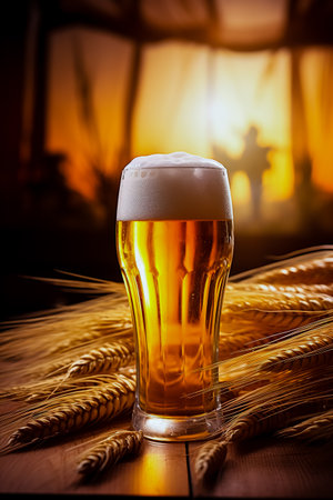 Glass of beer sitting on top of table next to some ears of wheat.の素材