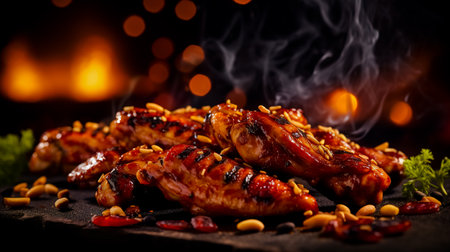 Grilled chicken wings with BBQ sauce and nuts. Healthy and tasty food concept.の素材