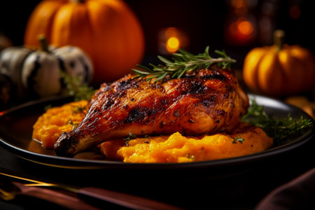 Grilled chicken leg with pumpkin puree. Photo for the menu.の素材