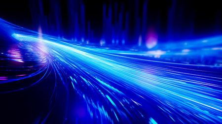 Glowing glass trails. Fibe-optic technology concept with multiple lines.の素材