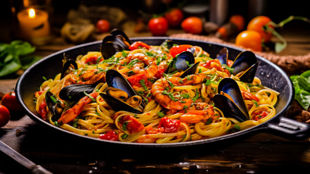Italian seafood spaghetti pasta with mussels clams shrimp. Serving food in a restaurant. Healthy food concept. Photo for the menu.の素材
