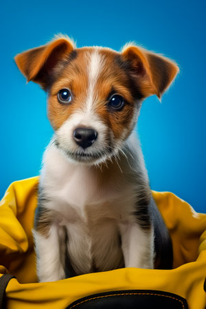 Jack Russell Terrier puppy sitting in blue and yellow bag.の素材