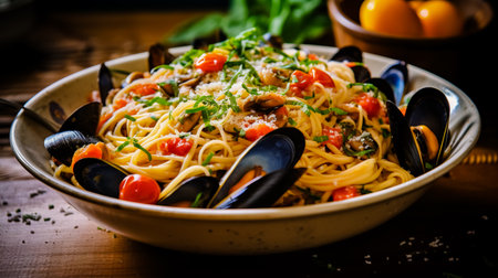 Italian seafood spaghetti pasta with mussels clams shrimp. Serving food in a restaurant. Healthy food concept. Photo for the menu.の素材