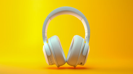 Pair of white headphones sitting on top of yellow and white surface.の素材