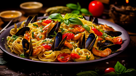 Italian seafood spaghetti pasta with mussels clams shrimp. Serving food in a restaurant. Healthy food concept. Photo for the menu.の素材