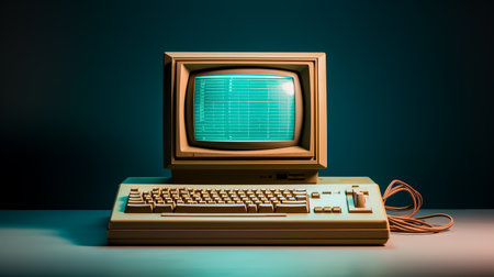 Old computer sitting on top of white background next to keyboard.の素材