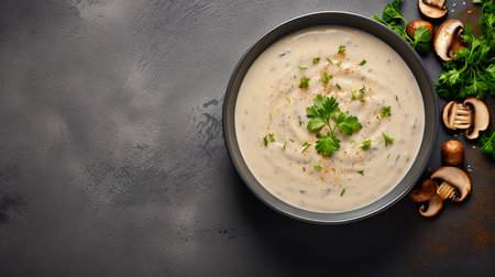 Mushroom cream soup. Soup in a bowl. Top view.の素材