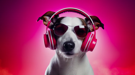 Jack Russell Terrier in headphones.の素材