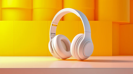 Pair of white headphones sitting on top of yellow and white surface.の素材