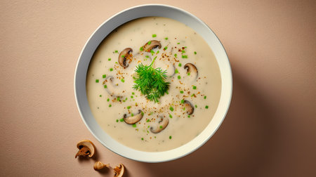 Mushroom cream soup. Soup in a bowl. Top view.の素材