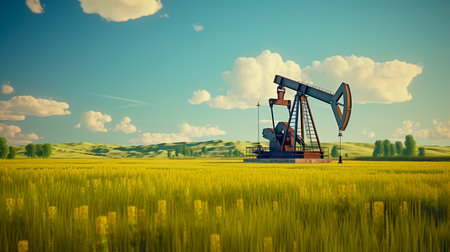 Oil pump in green field.の素材