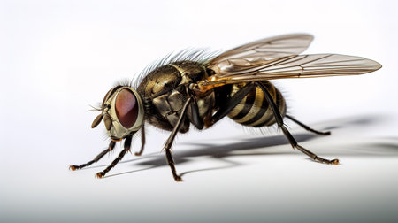Macro view of fly on white surface with white background.の素材