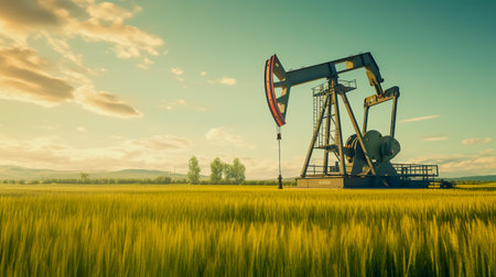 Oil pump in green field.の素材