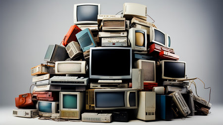 Pile of old computers and televisions stacked on top of each other.の素材