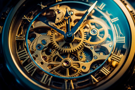 Macro view of clock with many gears on it's face.の素材