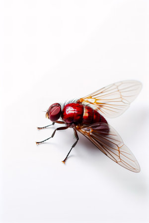 Macro view of fly on white surface with white background.の素材