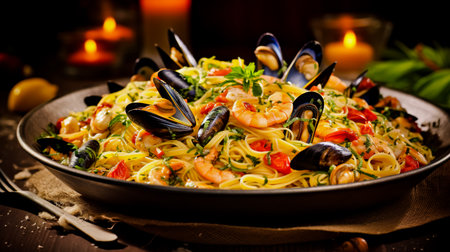Italian seafood spaghetti pasta with mussels clams shrimp. Serving food in a restaurant. Healthy food concept. Photo for the menu.の素材