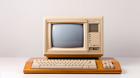 Old computer sitting on top of white background next to keyboard.の素材