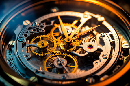 Macro view of clock with many gears on it's face.の素材