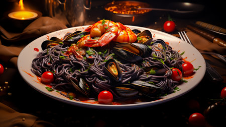 Plate of black spaghetti with prawn, mussels. Healthy food concept.の素材