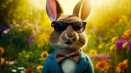 Rabbit wearing glasses and bow tie standing in field of flowers.の素材