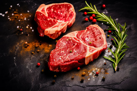 Raw organic marbled beef steaks with spices on a wooden cutting board on a black slate, stone or concrete background.の素材