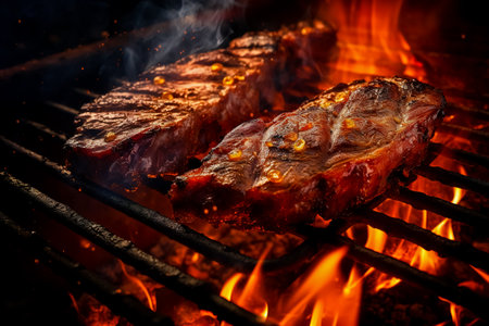 Raw ribs on the grill, burning coals on the grill. Home picnic.の素材