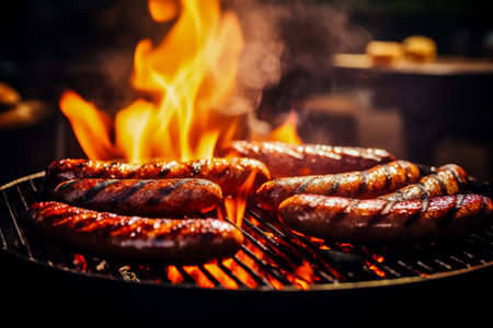 Raw sausages on a hot charcoal grill. Home picnic photo.の素材