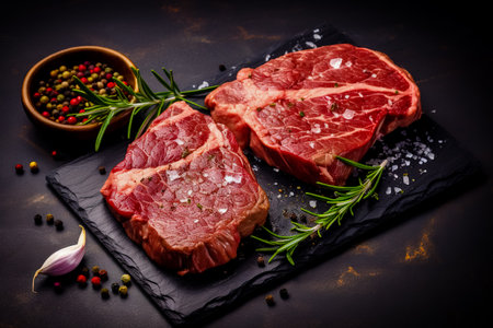 Raw organic marbled beef steaks with spices on a wooden cutting board on a black slate, stone or concrete background.の素材