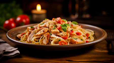 Plate of chicken pasta on a rustic wooden table. Serving food in a restaurant.の素材