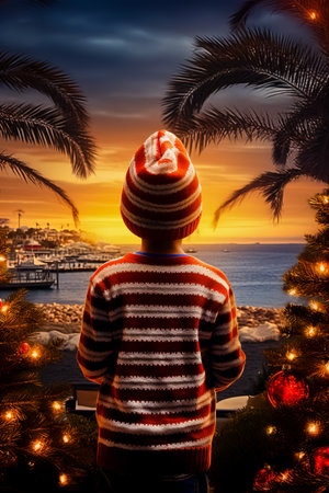 Rear view of boy( 6 - 7) wearing Santa hat and striped sweater looking at palm tree.の素材