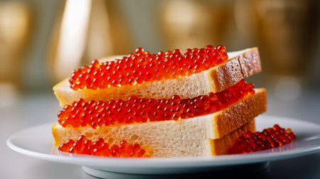 Sandwiches with red caviar on white plate close up.の素材