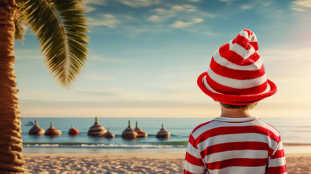 Rear view of boy( 6 - 7) wearing Santa hat and striped sweater looking at palm tree.の素材