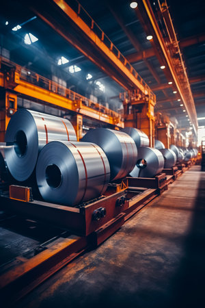 Several rolls of steel in factory with conveyor belt in the background.の素材