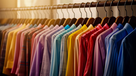 Row of colorful shirts hanging on rack in front of window.の素材
