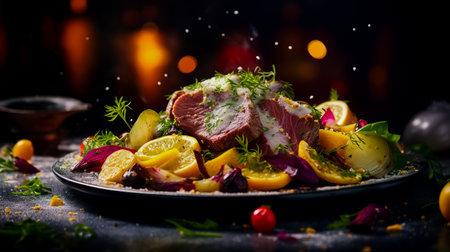 Salad with roast beef and caramelized beets with orange fillet, potatoes, parmesan, salad mix with citrus dressing and olive oil. healthy food.の素材