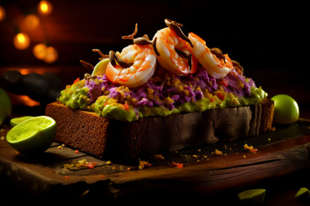 Scrambled on toast with guacamole, shrimp and olives. Healthy and tasty breakfast on a plate.の素材