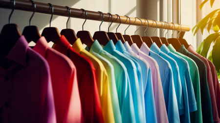Row of colorful shirts hanging on rack in front of window.の素材