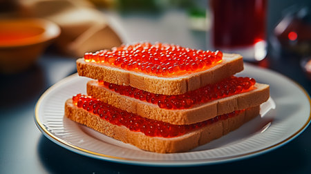 Sandwiches with red caviar on white plate close up.の素材
